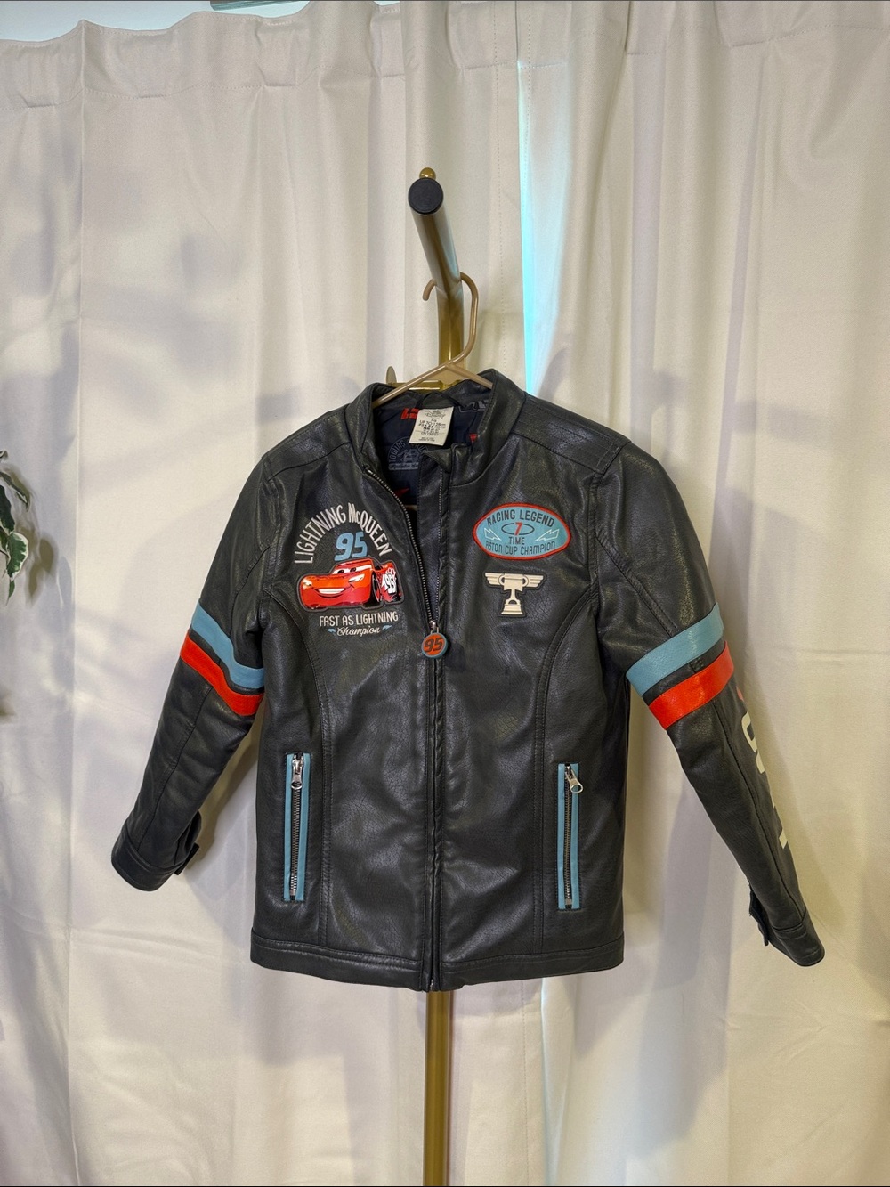 Disney Kids Black Lightning McQueen Faux Leather Jacket with Red & Blue Stripes